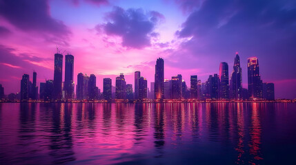 Wall Mural - Cityscape with a vibrant purple and pink sunset reflecting on the water.