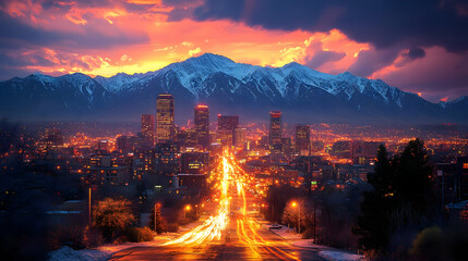 Wall Mural - Cityscape with snow capped mountains at sunset.