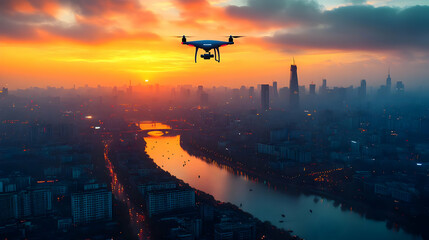 Wall Mural - Drone flying over a cityscape during a beautiful sunset with a river running through the city.