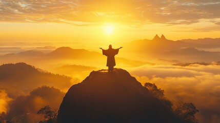 Wall Mural - Silhouette of a Person on a Mountaintop at Sunrise with a Golden Sky