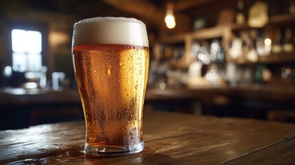Poster - A close-up of a frothy pint of beer with condensation on the glass, set on a wooden table, with a cozy pub atmosphere in the background.