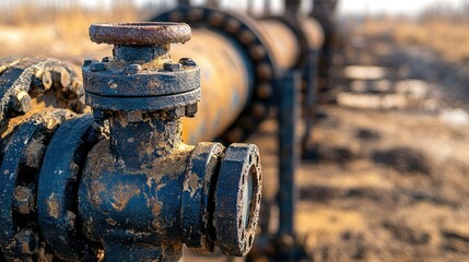 Wall Mural - A close-up of a heavy-duty valve on a pipeline, with bolts and pressure gauges visible, surrounded by the dusty terrain of an oil field.