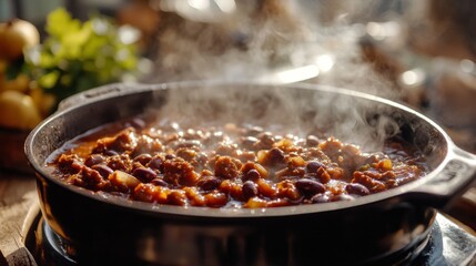 Wall Mural - A close-up of a hot pot of chili with beans and meat, with steam wafting out and a focus on the hearty ingredients, set on a rustic kitchen table.