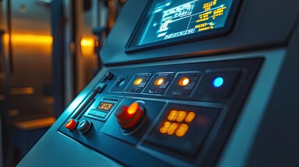 A close-up of a modern machine control panel with illuminated buttons and digital displays, showing precision in industrial automation.