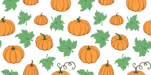 Wall Mural - Vector seamless pattern with pumpkins in doodle flat style. Halloween or thanksgiving background and texture.