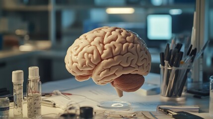 A close-up of a human brain in a laboratory setting, with scientific tools and notes surrounding it, illustrating brain research and neuroscience studies.