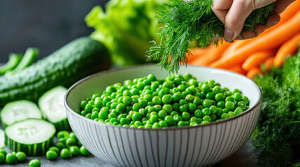 Canvas Print - A bowl of peas and carrots are being sprinkled with a vegetable, AI