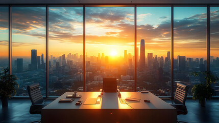 Wall Mural - Modern office with panoramic city skyline and sunset view.