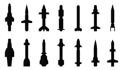 Canvas Print - Black missile icon collection. Combat rocket weapons. Set of weapon and rocket symbol. Missile silhouette collection