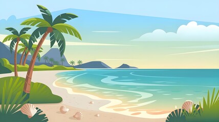 Wall Mural - A serene beach scene with palm trees, gentle waves, and a colorful sunset, perfect for relaxation and tropical vibes.