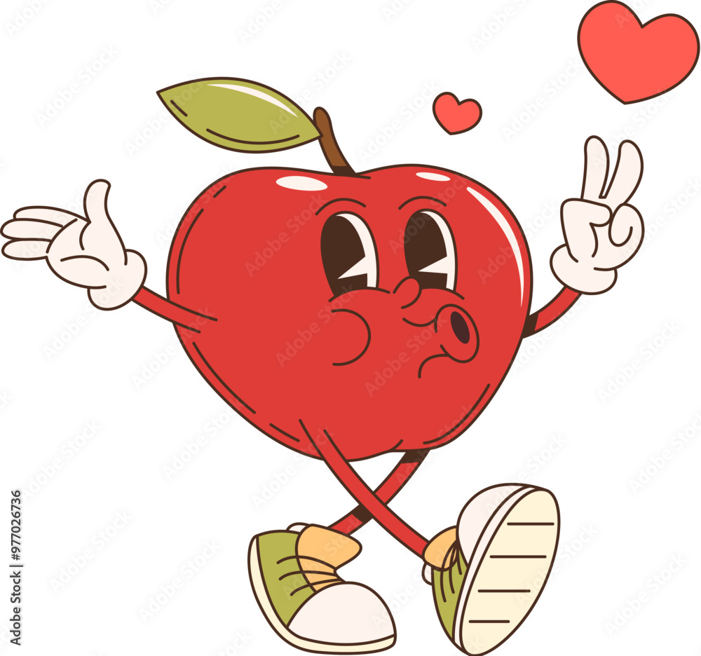 Retro cartoon groovy apple fruit character whistling love melody ...