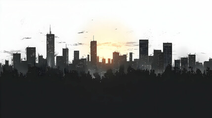 Wall Mural - Silhouette of a city skyline at sunrise with a hazy sky and a forest in the foreground.