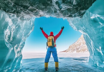 Poster - A hiker stands with his arms raised in victory, inside an ice cave, looking out at the snowy landscape and blue sky, wearing warm winter gear like yellow boots and a red jacket.