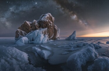 Aufkleber - In the foreground is an ice-covered rock formation on a lake or sea, with intricate patterns of cracked and melted snow covering it under the night sky. In the background is the Milky Way galaxy.