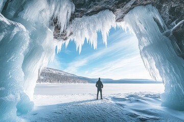 Poster - Man stands in an ice cave by a lake, surrounded by a winter landscape with a frozen lake and a sky dotted with clouds. He looks into an arch formed by massive icicles. Scene of travel and exploration