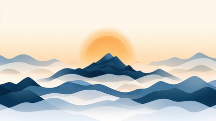 Wall Mural - Abstract Mountain Range Sunrise Illustration with Paper Cut Style