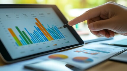 Poster - a close-up of a person hand pointing at a bar chart on a tablet screen, with financial data and perf