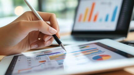 Aufkleber - A close-up of a person hand using a stylus to highlight key data points on a financial graph displayed on a tablet, with a laptop and financial reports visible in the background.