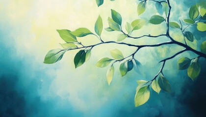 Oil painting showcasing fresh leaves on a tree branch highlighting the beauty of nature and growth