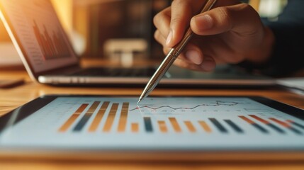 Aufkleber - A close-up of a person hand using a stylus to highlight key data points on a financial graph displayed on a tablet, with a laptop and financial reports visible in the background.