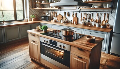 Induction stove, oven and range hood on modern kitchen with wooden furniture. Stainless pan on glass ceramic hob. Cooking food on electric cooker at home. Household appliance. Apartment interior