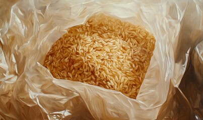 Wall Mural - Oil painting depicting a pack of brown rice in a plastic bag showcasing the grain and packaging details