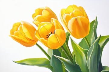 Wall Mural - Oil painting of vibrant yellow tulips with green leaves isolated on a white background representing spring flowers and seasonal themes