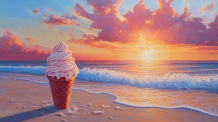 Oil painting depicting a tasty ice cream on sandy beach under a vibrant summer sunset capturing the essence of a warm and relaxing atmosphere