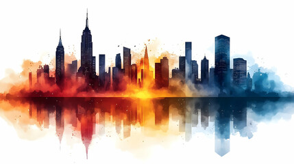 Watercolor cityscape silhouette with orange and blue colors reflecting on water.