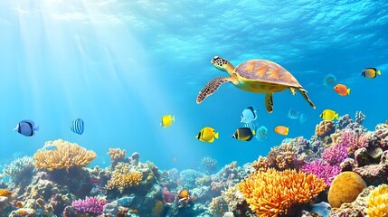 A vibrant underwater scene featuring a turtle swimming among colorful coral and tropical fish in clear blue water.