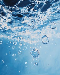 Abstract oil painting of macro air bubbles in water on a blue background showcasing intricate bubble details and textures