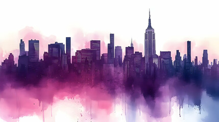 Watercolor painting of the New York City skyline with purple and pink hues.