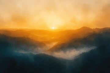 Aerial view of a foggy sunrise over mountains captured in an oil painting style showcasing the beauty of nature at dawn