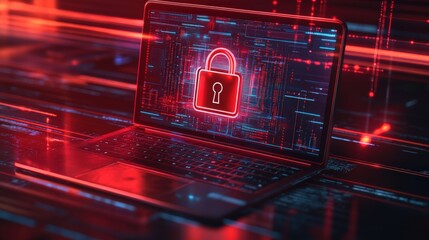 Poster - Cyber security concept. Laptop with a padlock on the screen