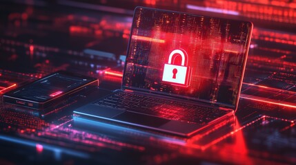 Poster - Cyber security concept. Laptop with a padlock on the screen