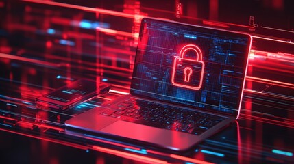 Poster - Cyber security concept. Laptop with a padlock on the screen