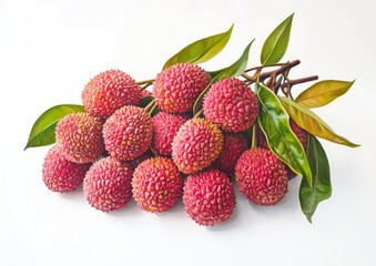 Wall Mural - Oil painting of lychee fruit on a white background featuring a clipping path and showcasing full depth of field