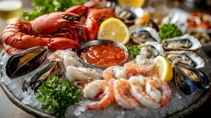 Wall Mural - A close-up of a seafood platter with an assortment of shrimp, oysters, mussels, and crab, artfully arranged on a bed of ice with lemon and cocktail sauce.