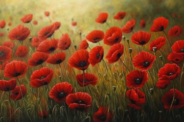 Wall Mural - Oil painting depicting a vibrant field filled with red poppy flowers known for their beauty and various uses in decoration medicine and culinary arts