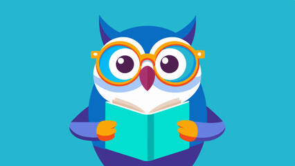 Wall Mural - Owl with blue glasses reading a book on a turquoise background, a panoramic photo of an owl wearing eyeglasses and holding an open, colorful magazine or vintage book, a cute bird sitting in an isolate