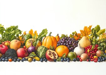 Wall Mural - Panoramic oil painting featuring a variety of fruits vegetables and berries on a white background ideal for your layout with an isolated presentation