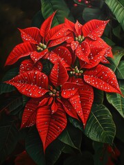 Wall Mural - Oil painting of vibrant red Poinsettia flowers adorned with dew drops set against a backdrop of lush green leaves capturing the essence of holiday beauty