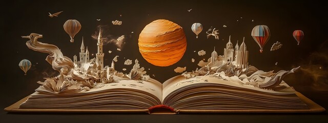 An open book with an intricate paper sculpture of a fantasy world coming to life, complete with floating balloons and castles