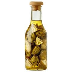 Glass bottle full of artichoke hearts and olive oil, preserved with herbs and spices, isolated on white background