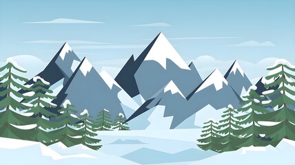 Scenic winter landscape featuring snow-covered mountains and evergreen trees under a clear blue sky.