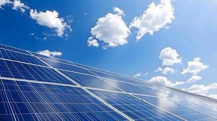 Solar panel under a bright blue sky with fluffy clouds. A perfect representation of renewable energy and sustainability.