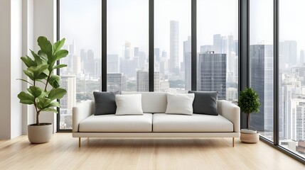 Stylish living room with modern couch, large windows showcasing city skyline and greenery, perfect for contemporary decor.