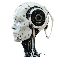 Poster - White cyborg head with visible mechanical and electronic parts is showing modern technology