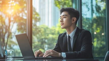 Poster - Young Businessman in Suit Working on Laptop, Contemplative Expression, Office Window Light