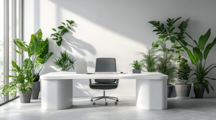 Wall Mural - A white desk with a laptop and plants in the background, AI